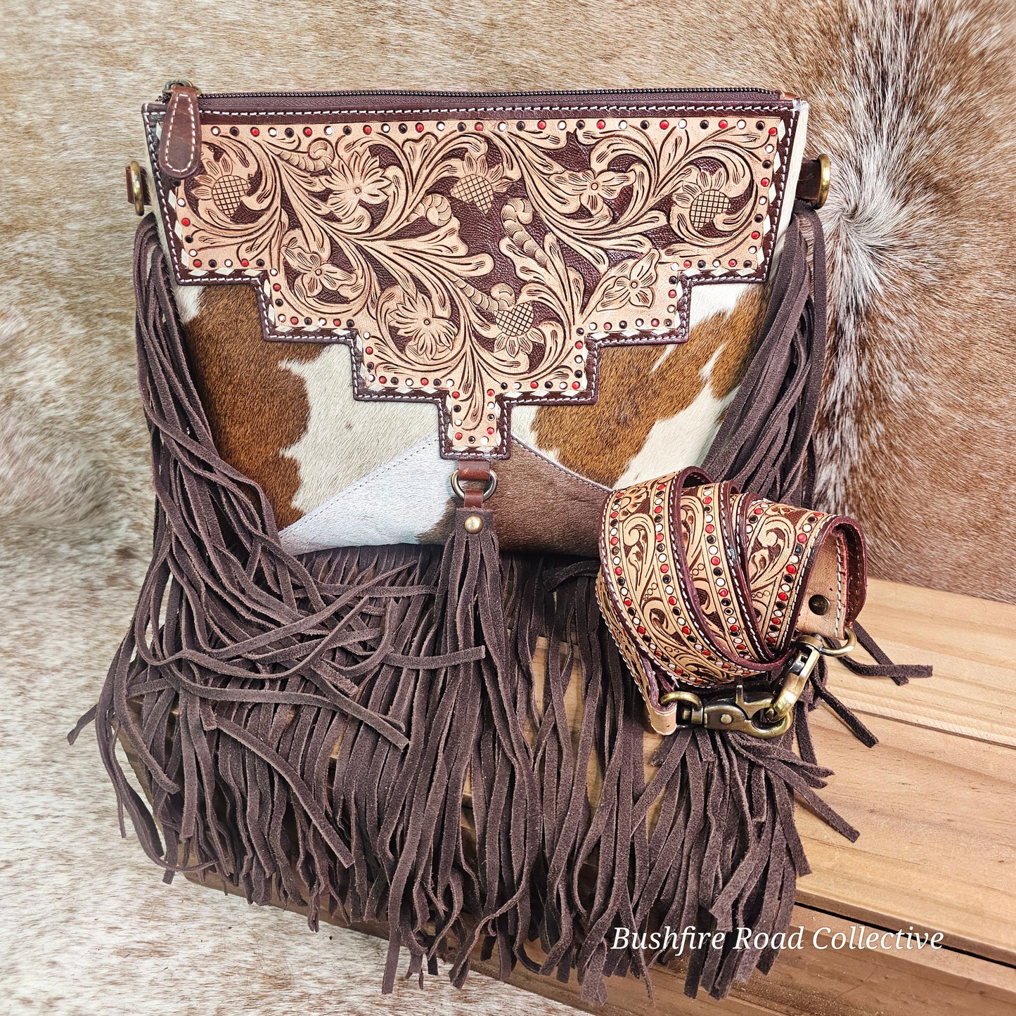 Carly Tooled Leather & Cowhide Fringe Bag