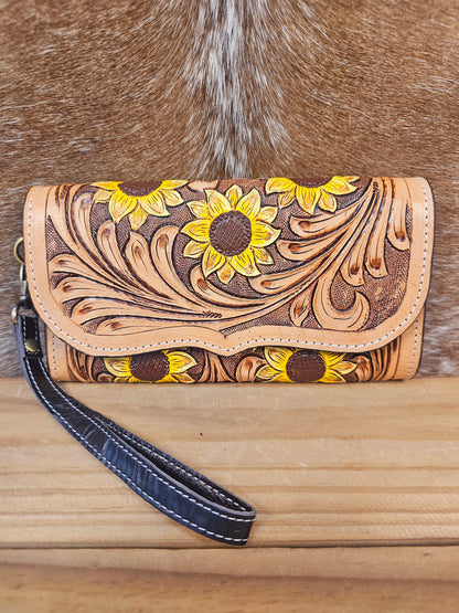 🌻 Sunflower Bloom Tooled Leather Wristlet Wallet