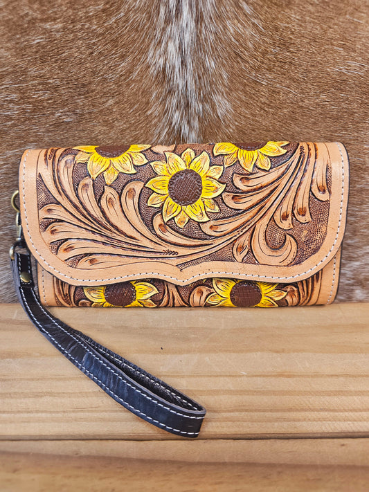 🌻 Sunflower Bloom Tooled Leather Wristlet Wallet