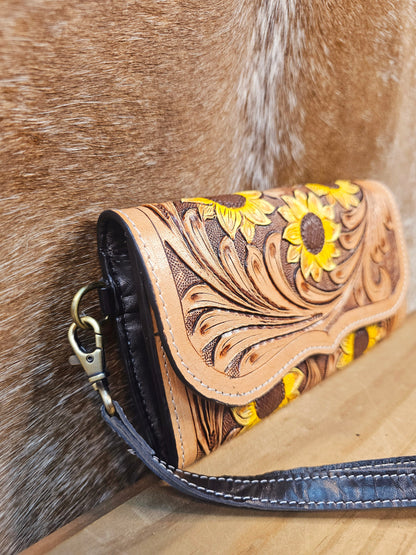 🌻 Sunflower Bloom Tooled Leather Wristlet Wallet