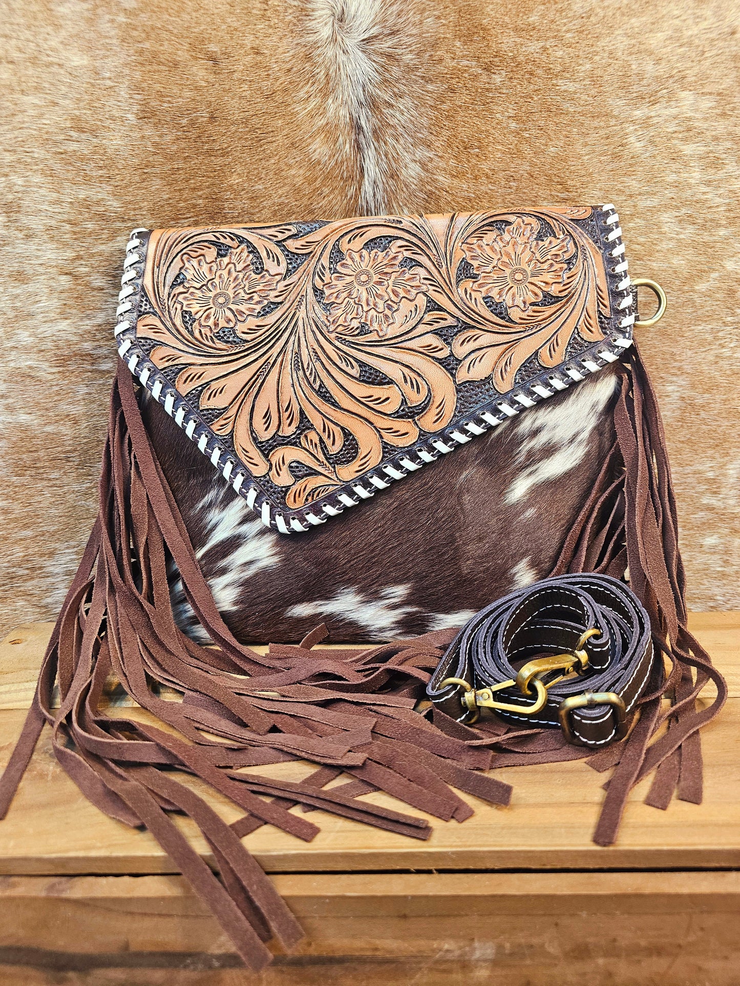 Sierra Tooled Leather & Hide Fringe Bag
