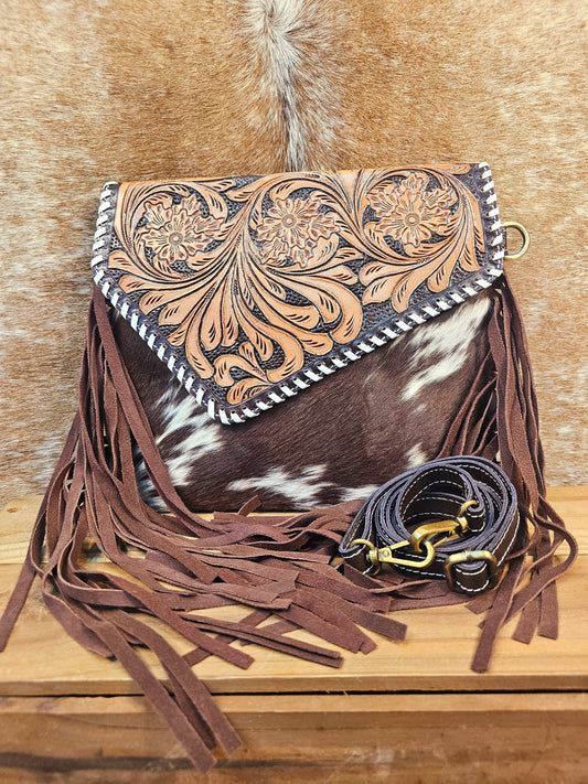Sierra Tooled Leather & Hide Fringe Bag