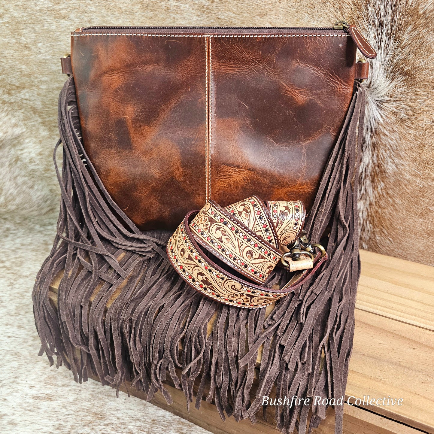 Carly Tooled Leather & Cowhide Fringe Bag