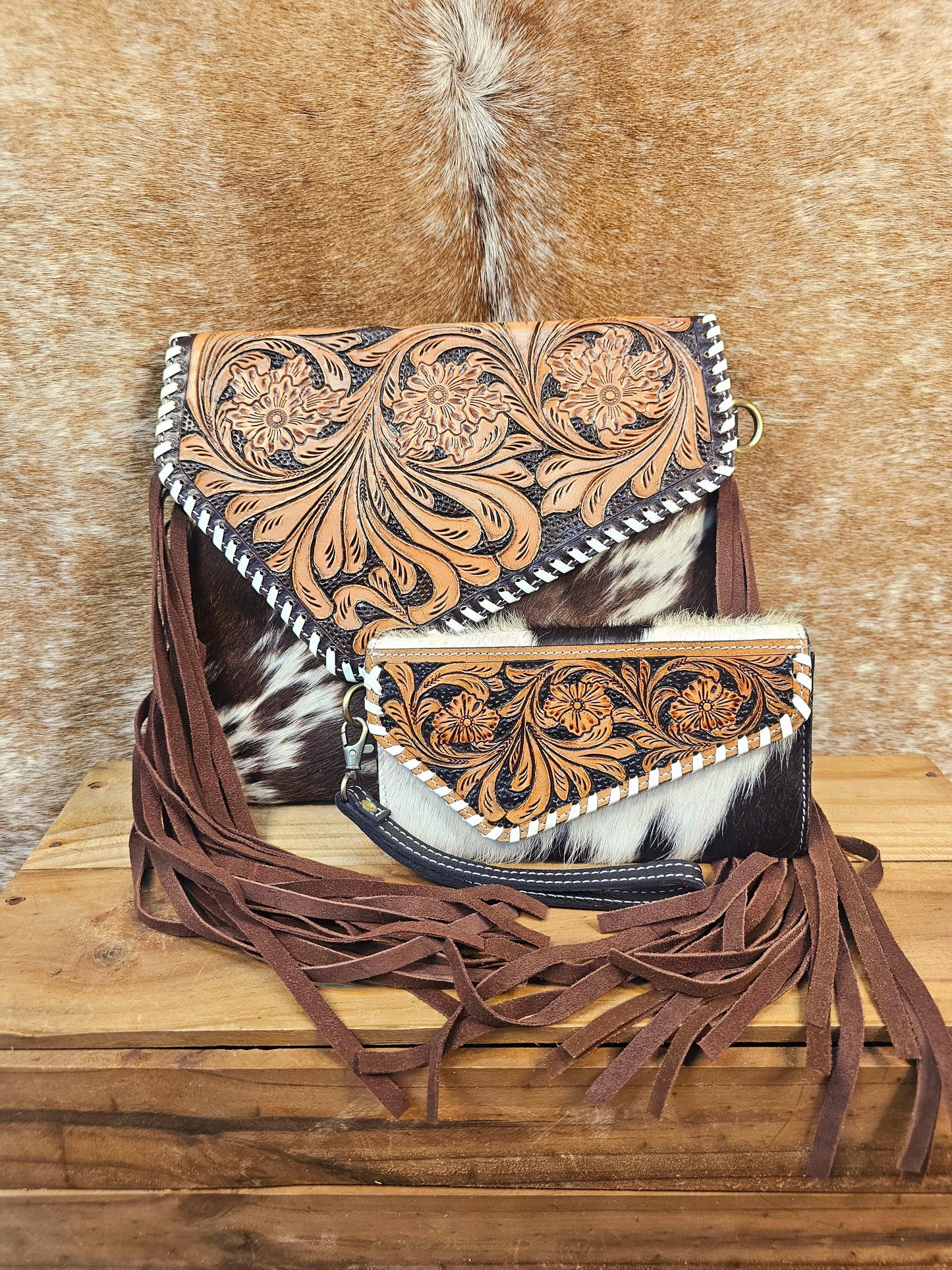 Sierra Tooled Leather & Hide Fringe Bag