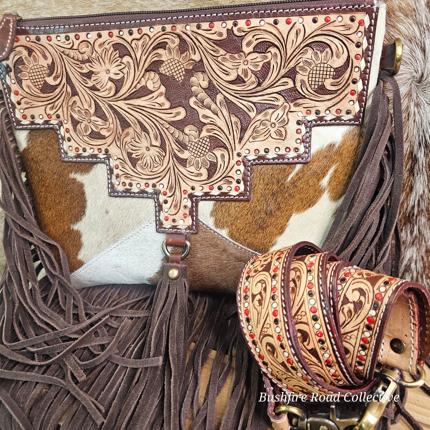 Carly Tooled Leather & Cowhide Fringe Bag