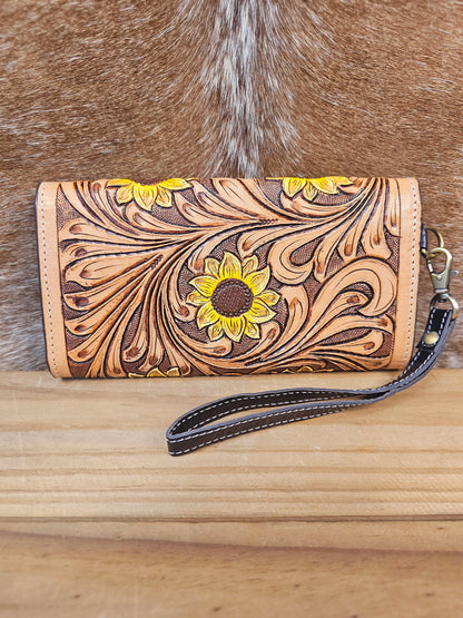 🌻 Sunflower Bloom Tooled Leather Wristlet Wallet