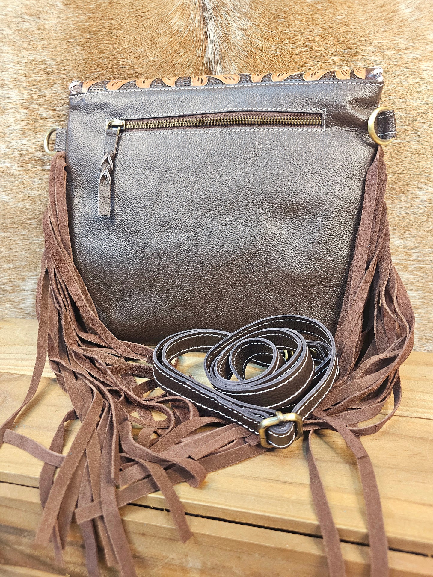 Sierra Tooled Leather & Hide Fringe Bag